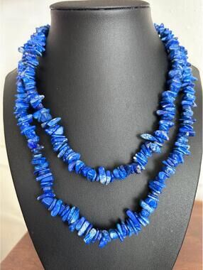 Long Blue Stone Chip Necklace Lapis Look No Clasp Boho